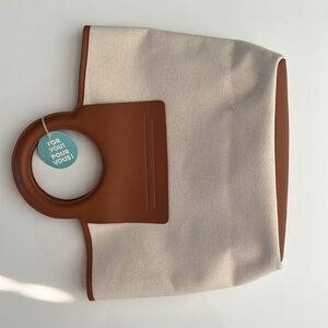 Canvas Tote Bag, Vegan light brown/tan leather ring handles with square trim